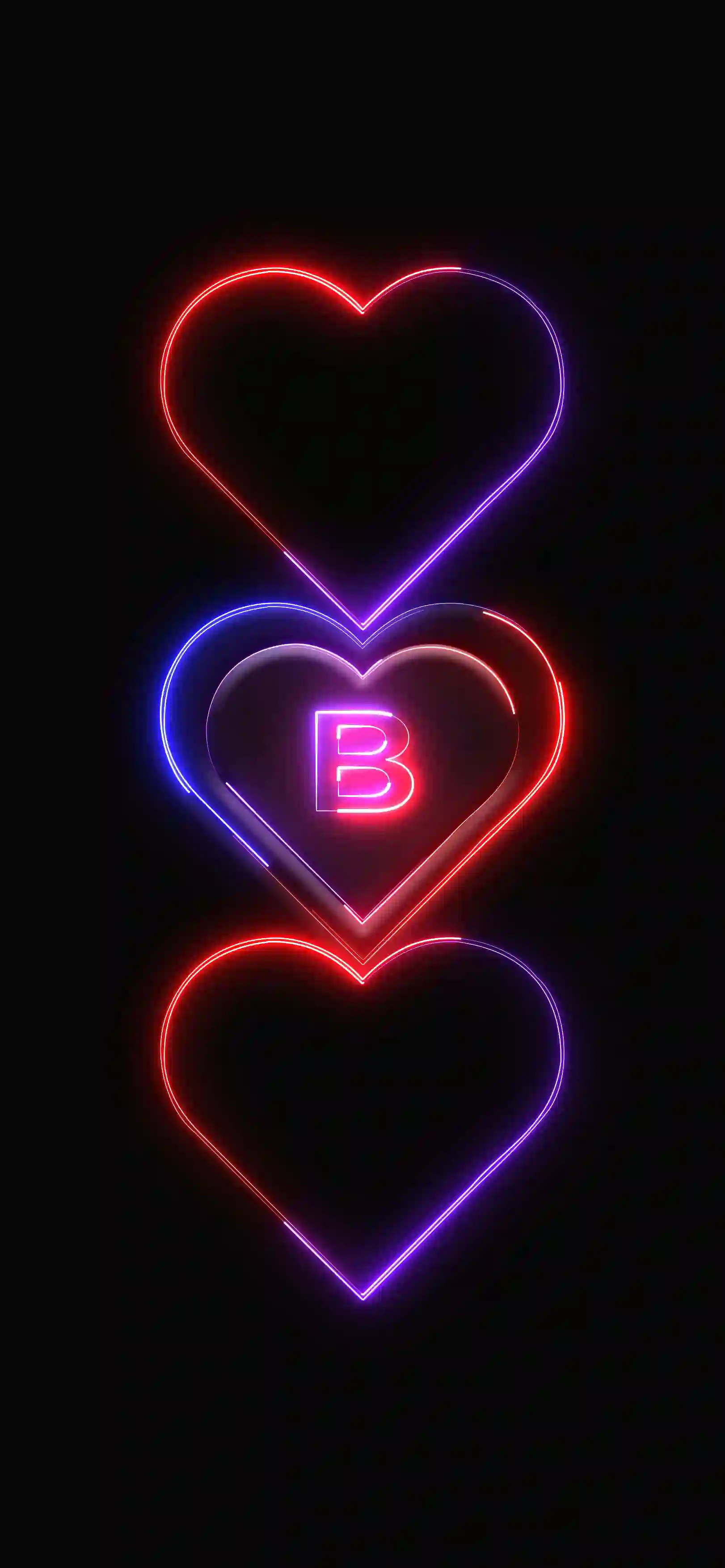 Triple neon hearts letter B 4K wallpaper pink red purple neon hearts stacked black background
