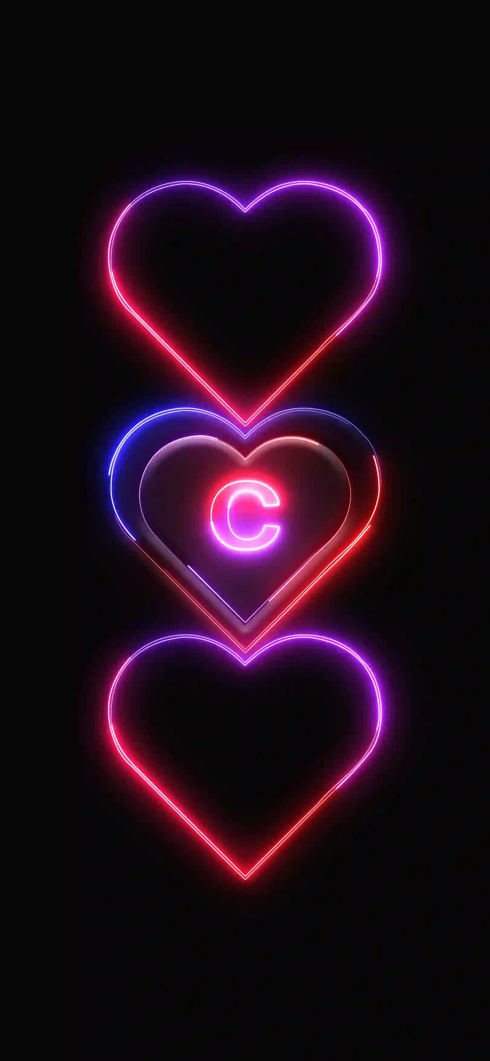 Triple neon hearts letter C 4K wallpaper pink red purple neon hearts stacked black background