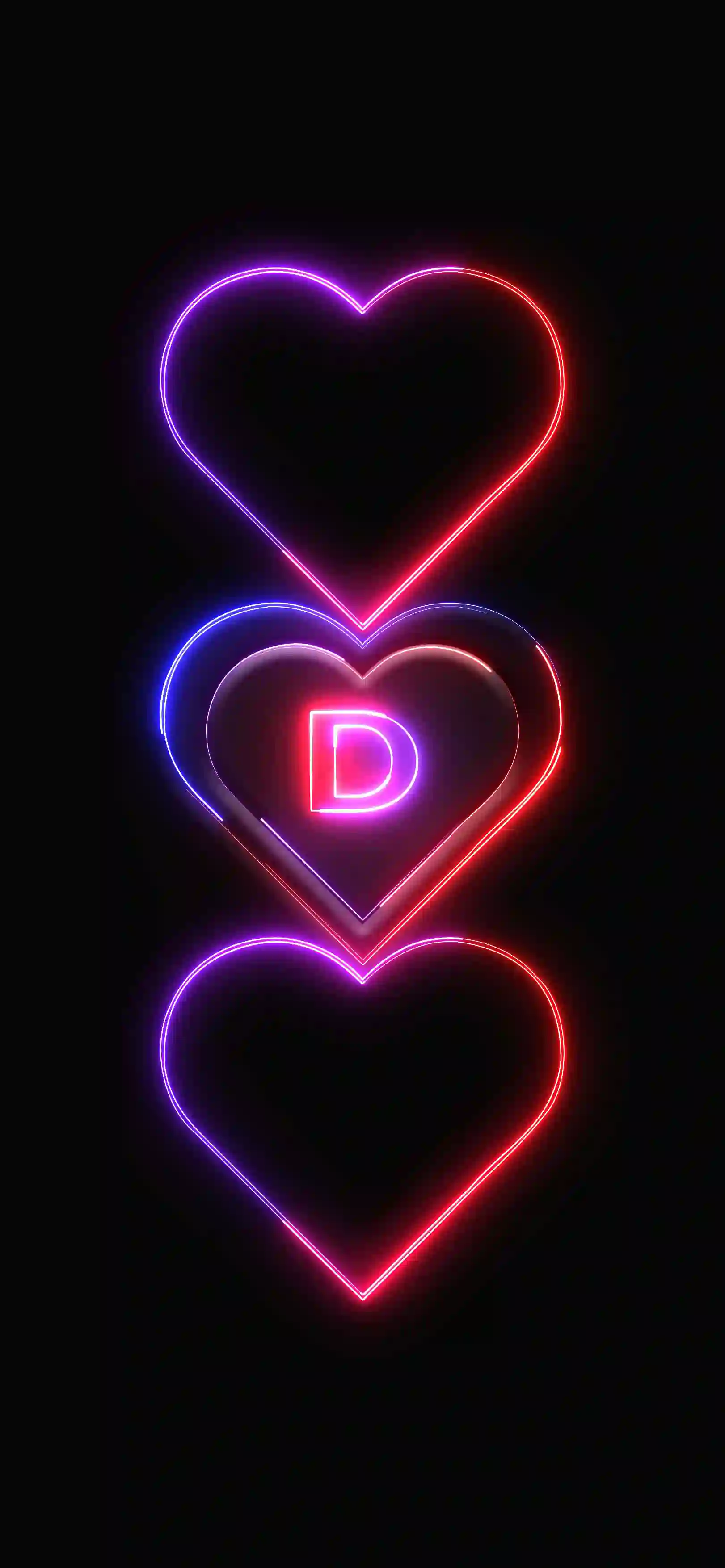 Triple neon hearts letter D 4K wallpaper pink red purple neon hearts stacked black background