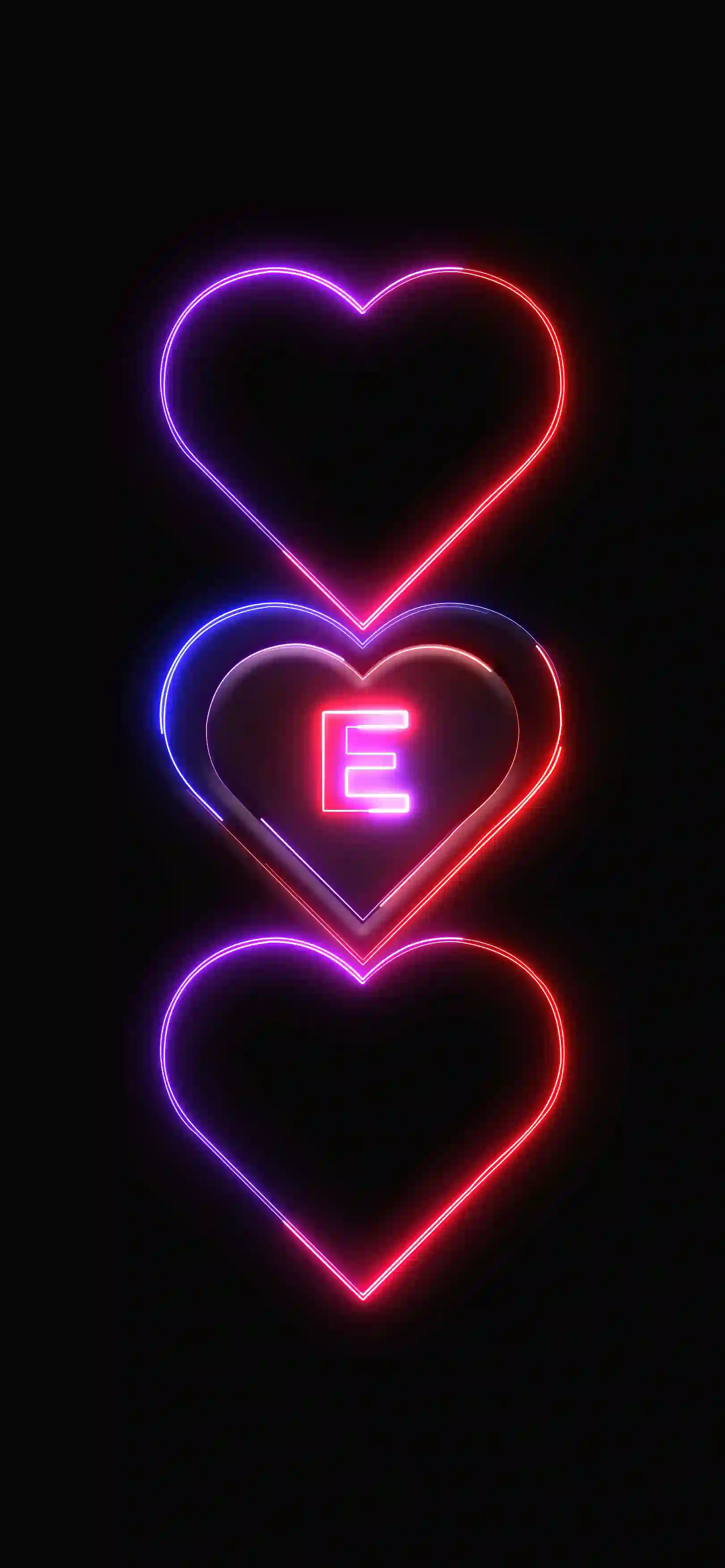 Triple neon hearts letter E 4K wallpaper pink red purple neon hearts stacked black background