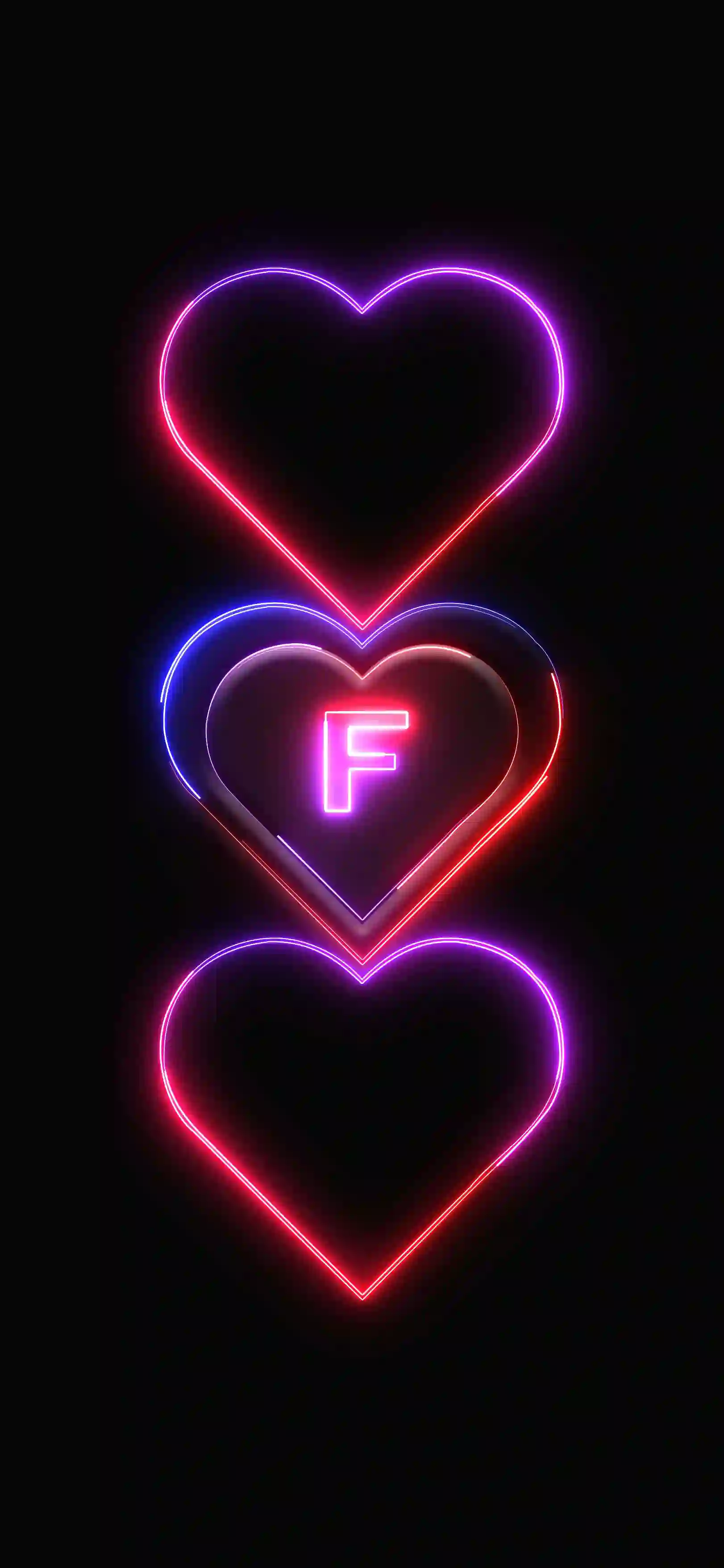 Triple neon hearts letter F 4K wallpaper pink red purple neon hearts stacked black background