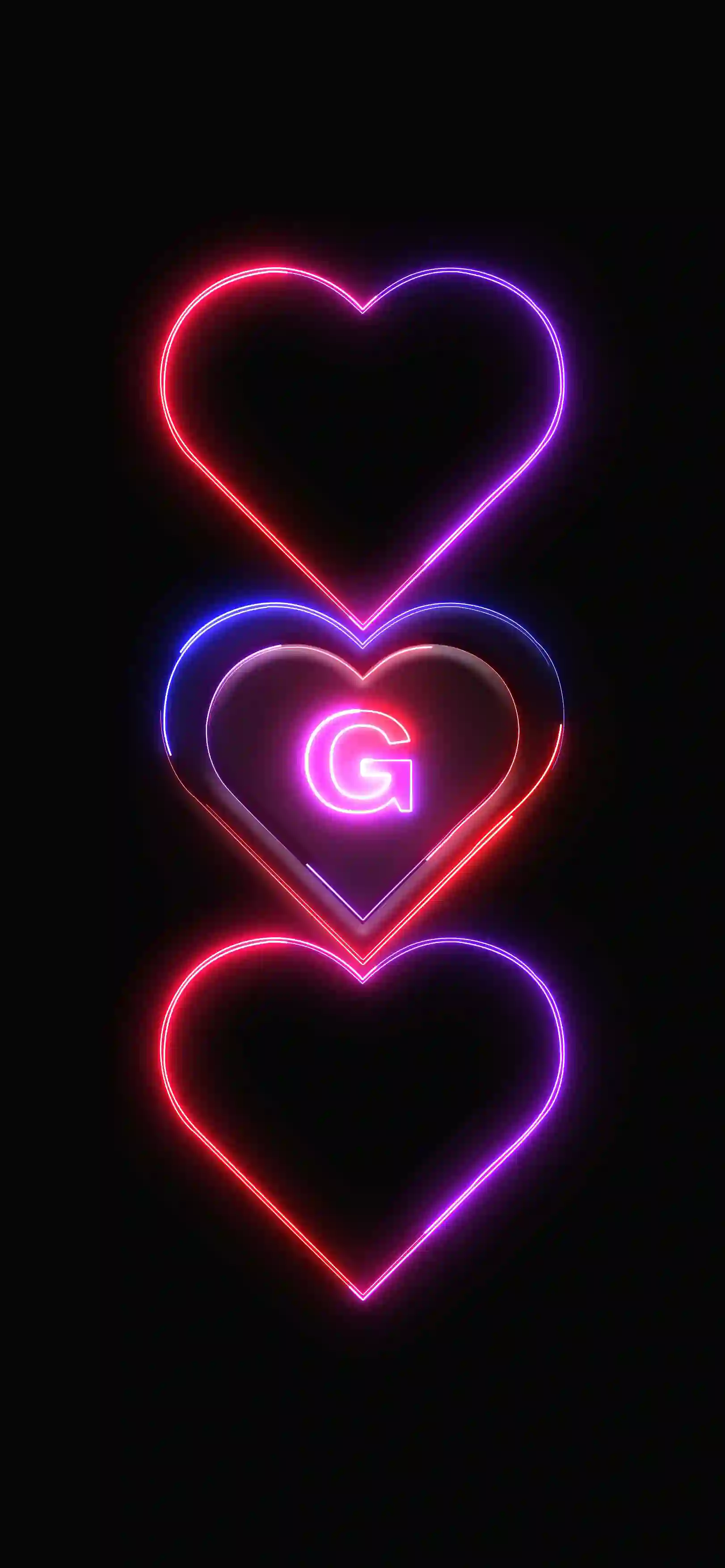 Triple neon hearts letter G 4K wallpaper pink red purple neon hearts stacked black background
