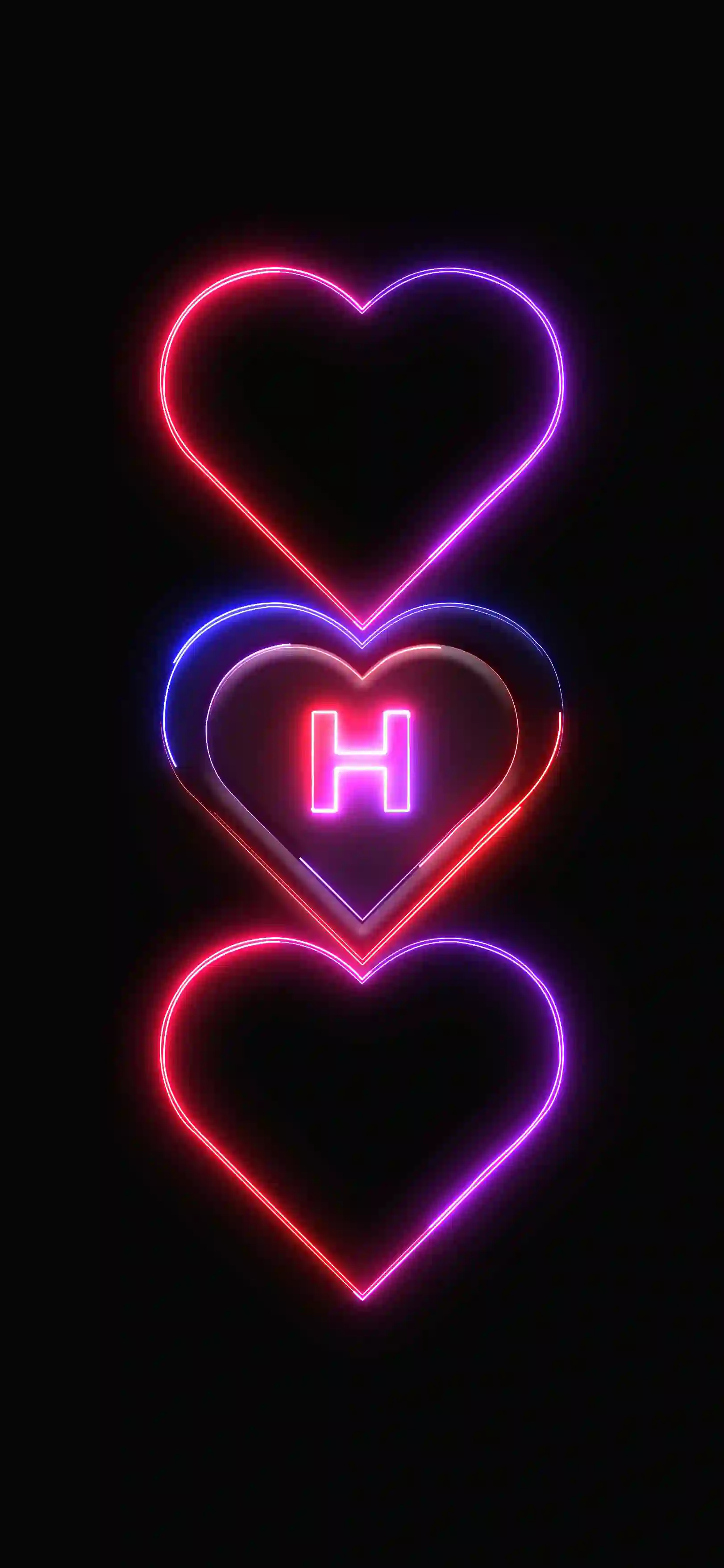 Triple neon hearts letter H 4K wallpaper pink red purple neon hearts stacked black background