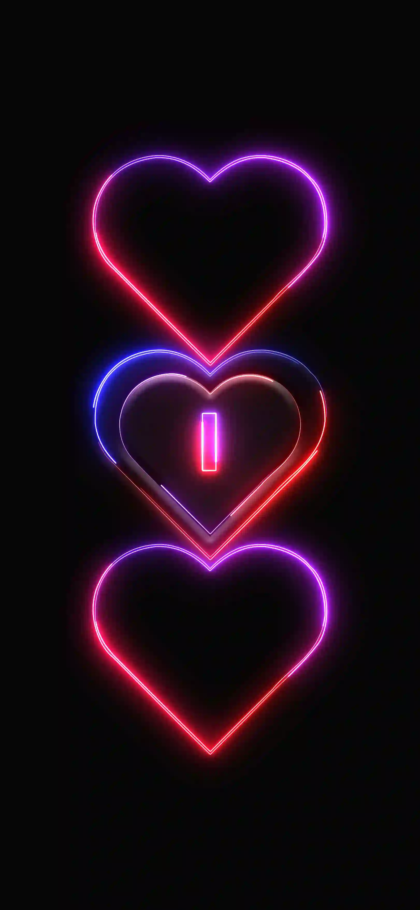 Triple neon hearts letter I 4K wallpaper pink red purple neon hearts stacked black background