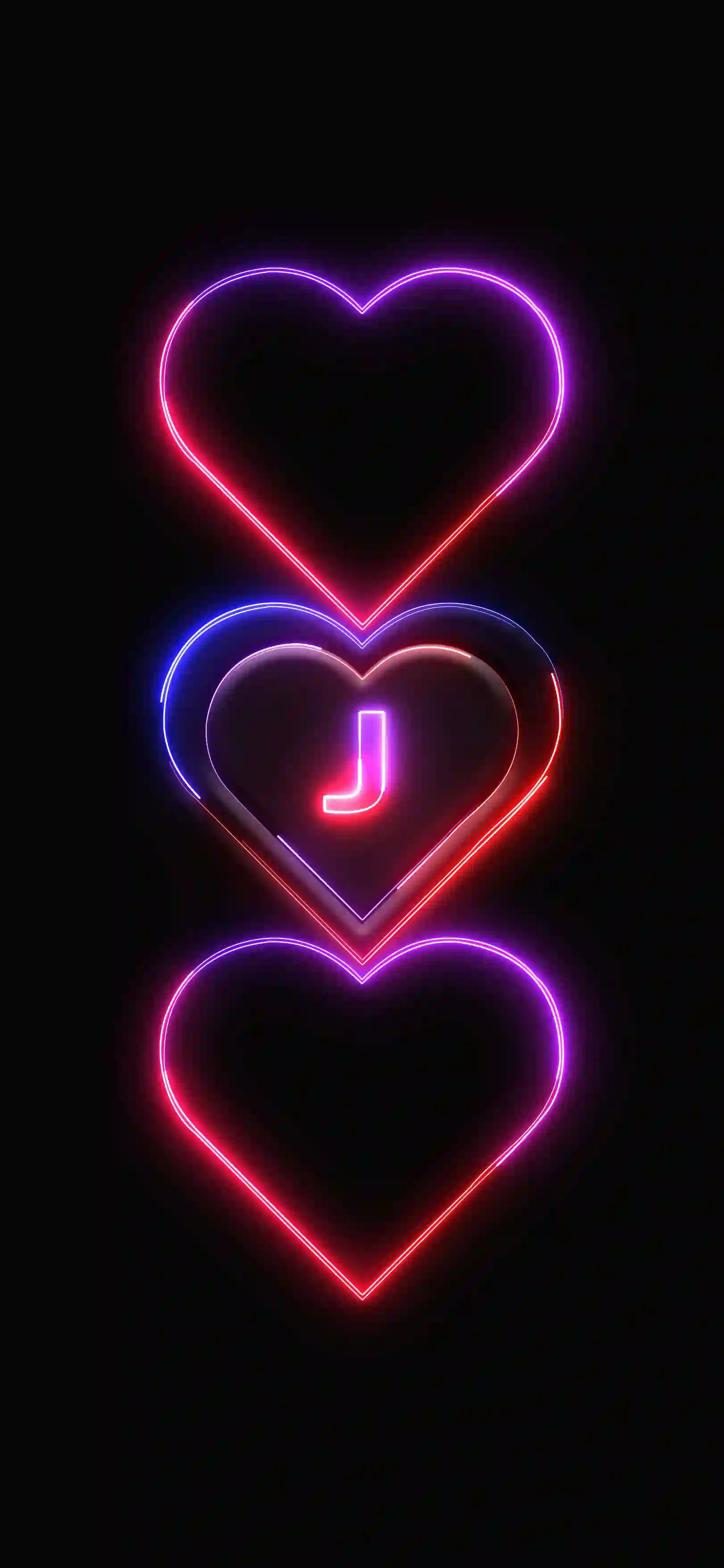Triple neon hearts letter J 4K wallpaper pink red purple neon hearts stacked black background
