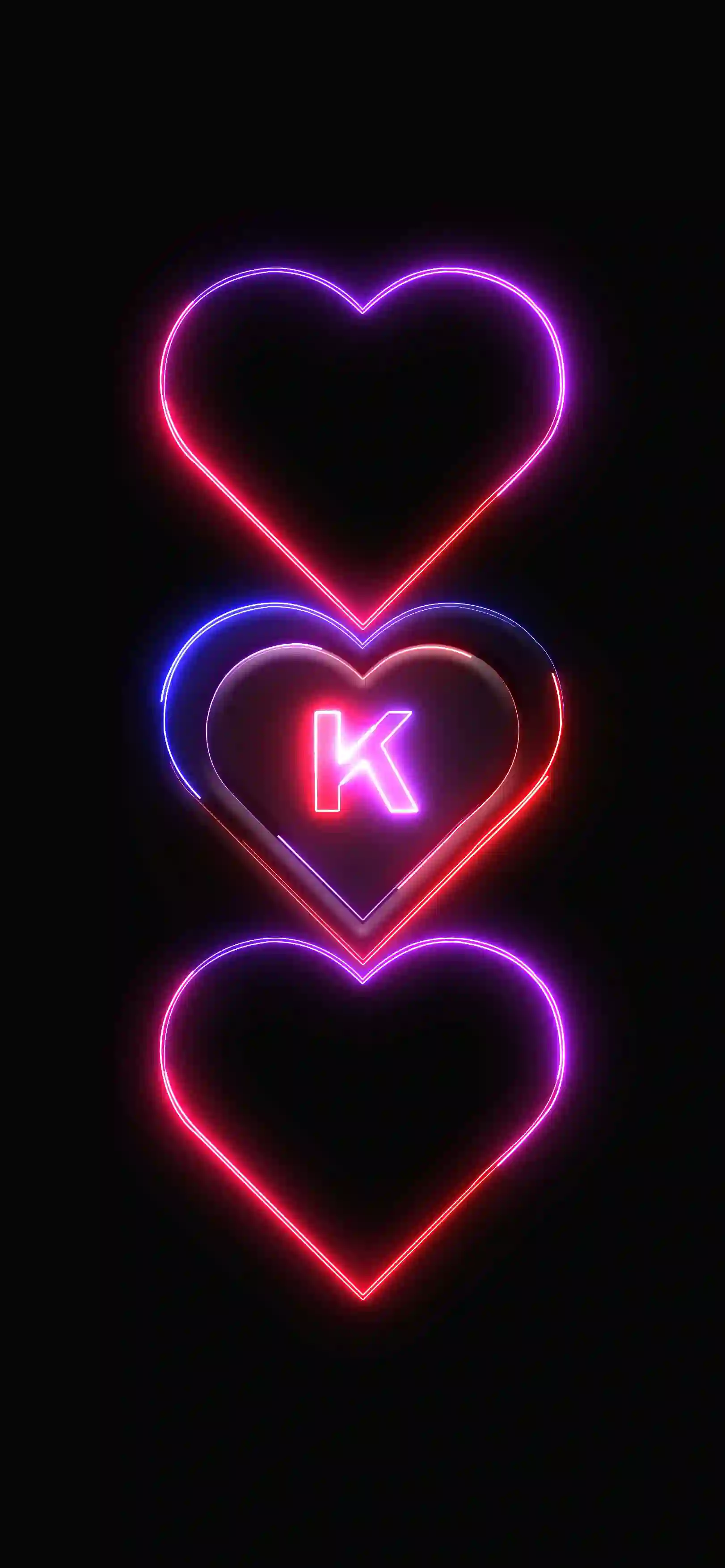 Triple neon hearts letter K 4K wallpaper pink red purple neon hearts stacked black background