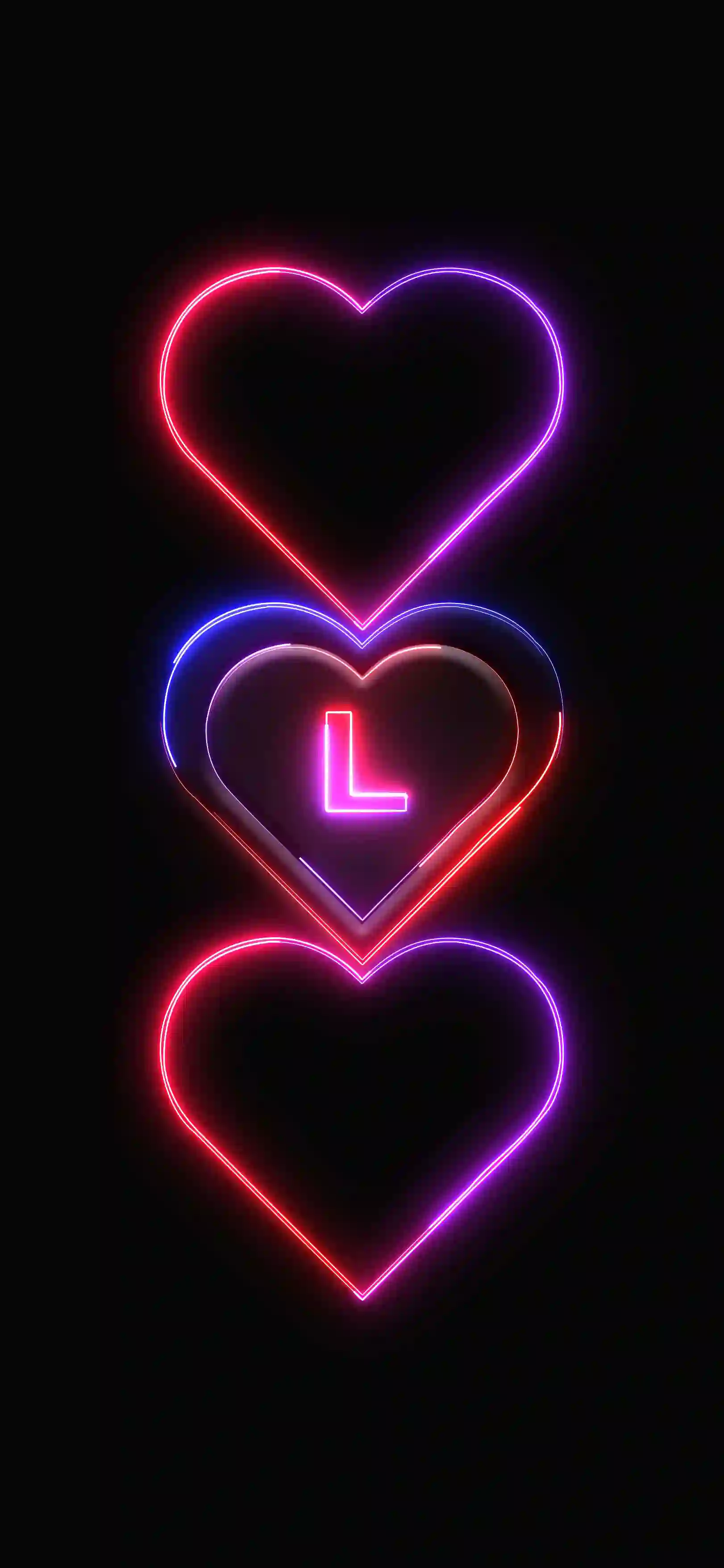 Triple neon hearts letter L 4K wallpaper pink red purple neon hearts stacked black background