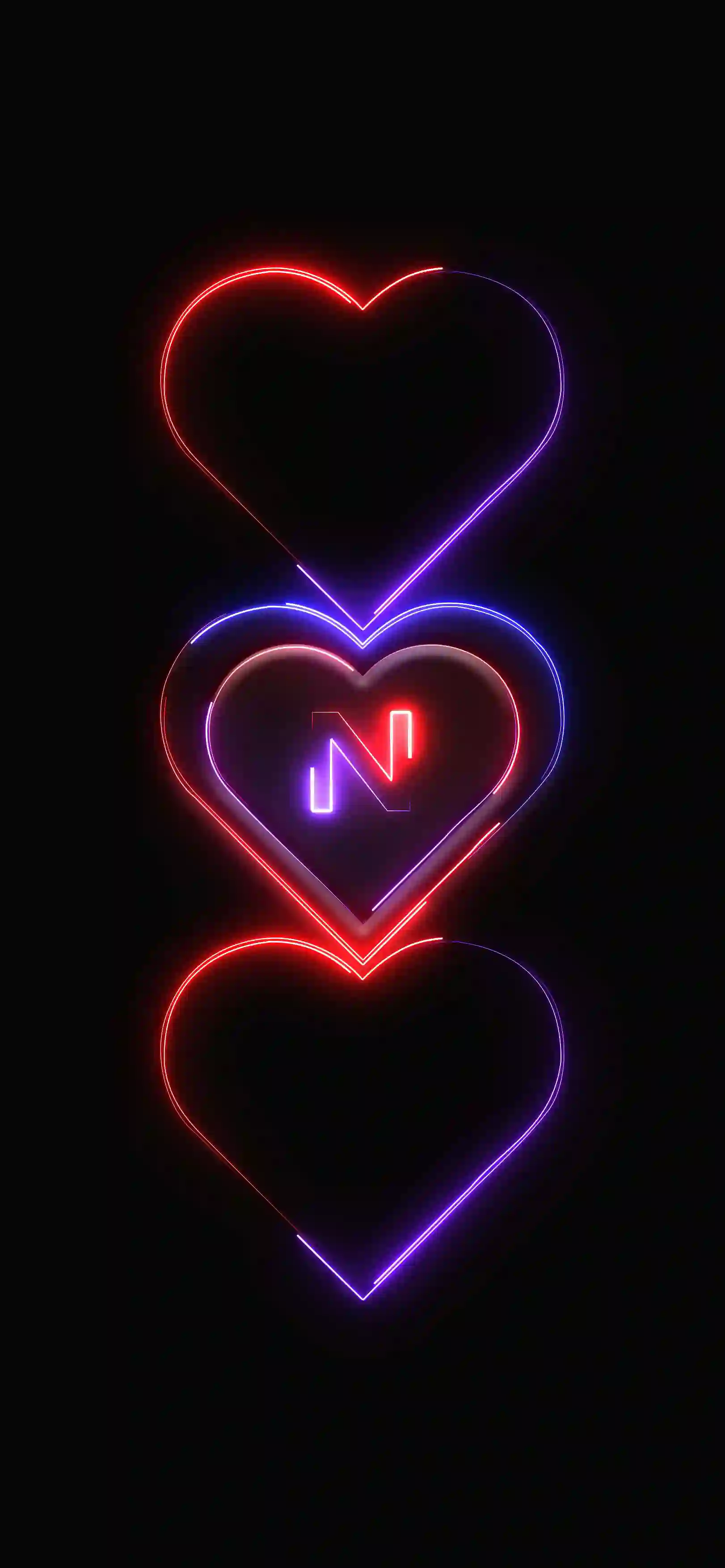 Triple neon hearts letter N 4K wallpaper pink red purple neon hearts stacked black background
