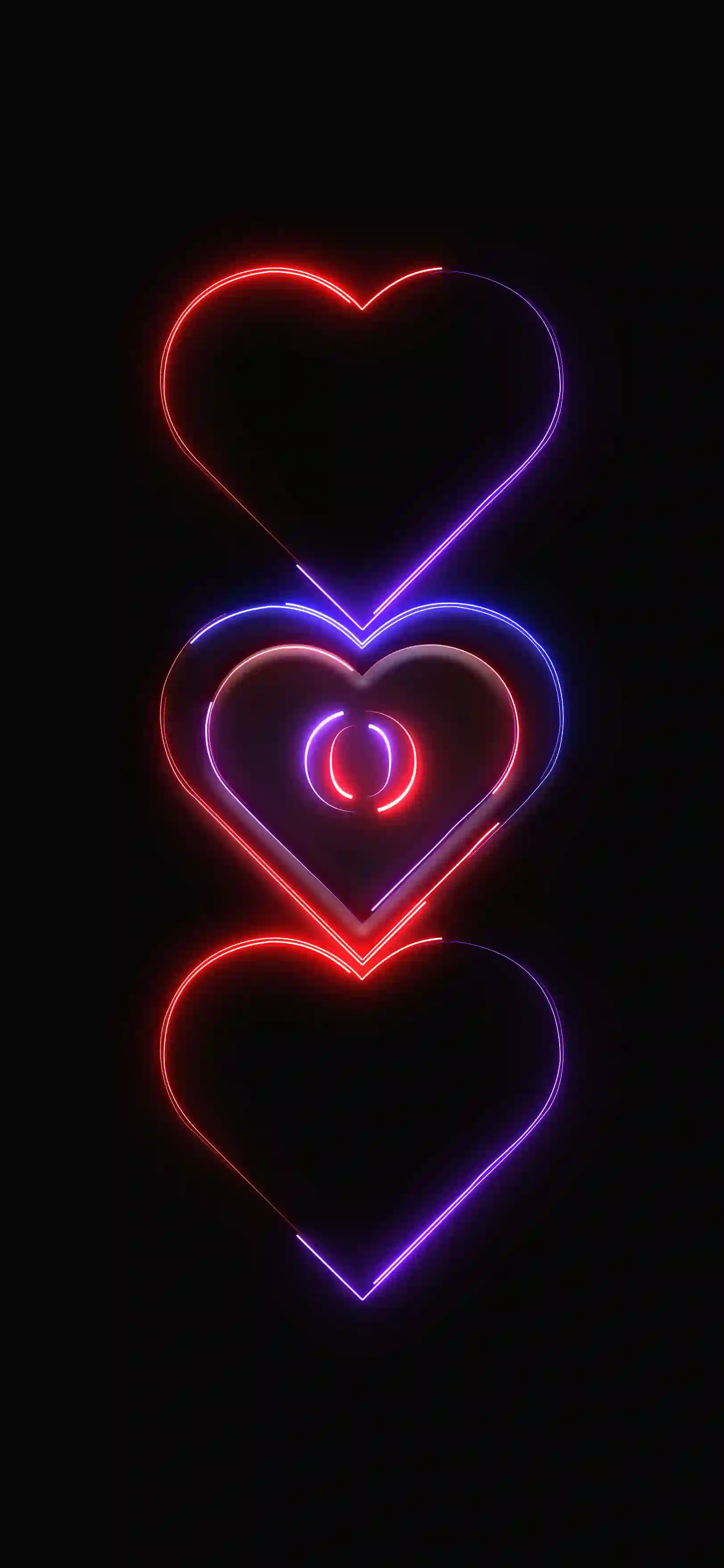 Triple neon hearts letter O 4K wallpaper pink red purple neon hearts stacked black background