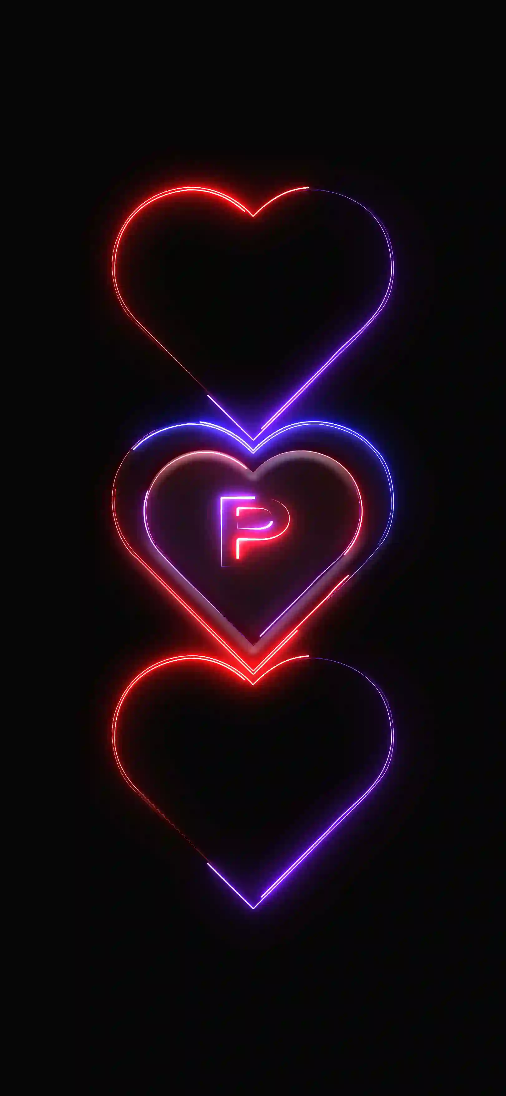 Triple neon hearts letter P 4K wallpaper pink red purple neon hearts stacked black background
