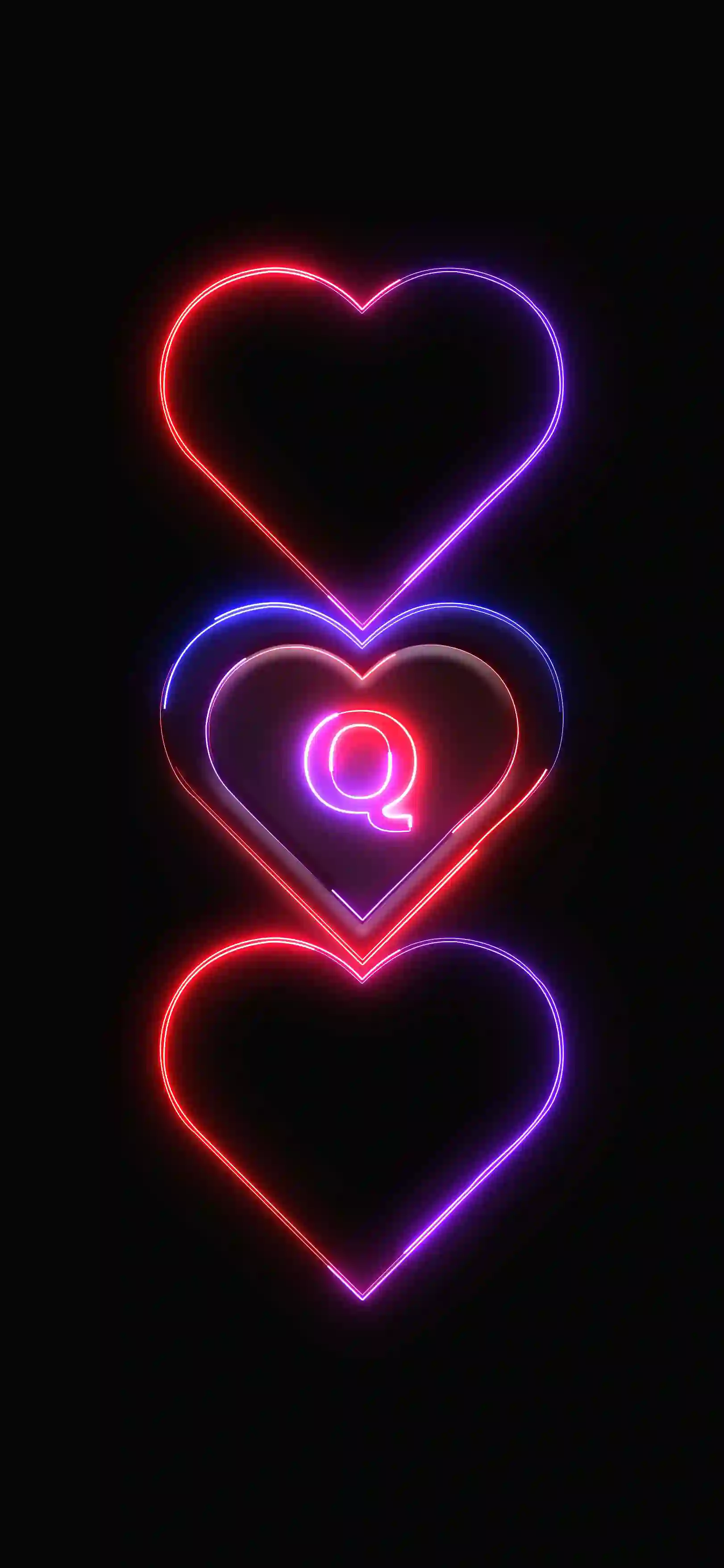 Triple neon hearts letter Q 4K wallpaper pink red purple neon hearts stacked black background