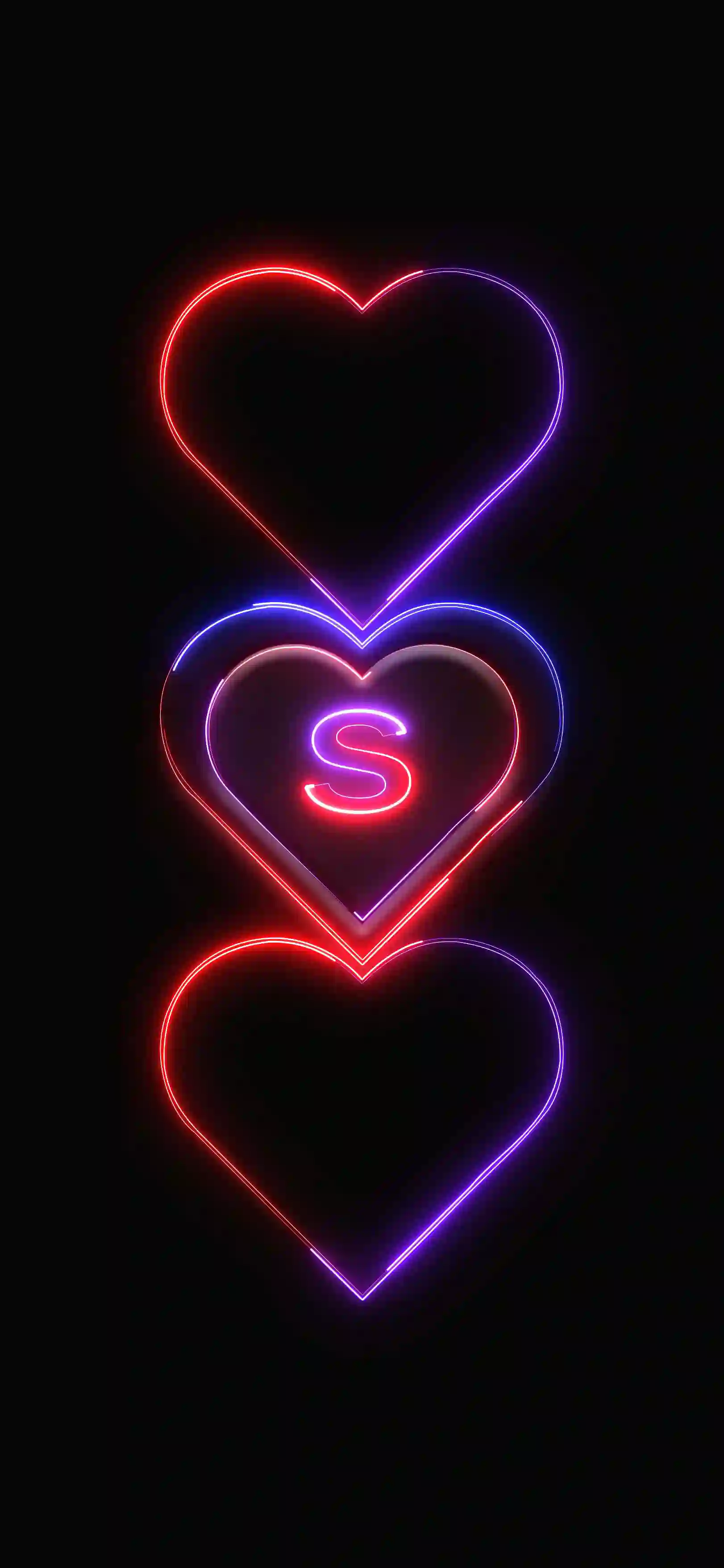 Triple neon hearts letter S 4K wallpaper pink red purple neon hearts stacked black background