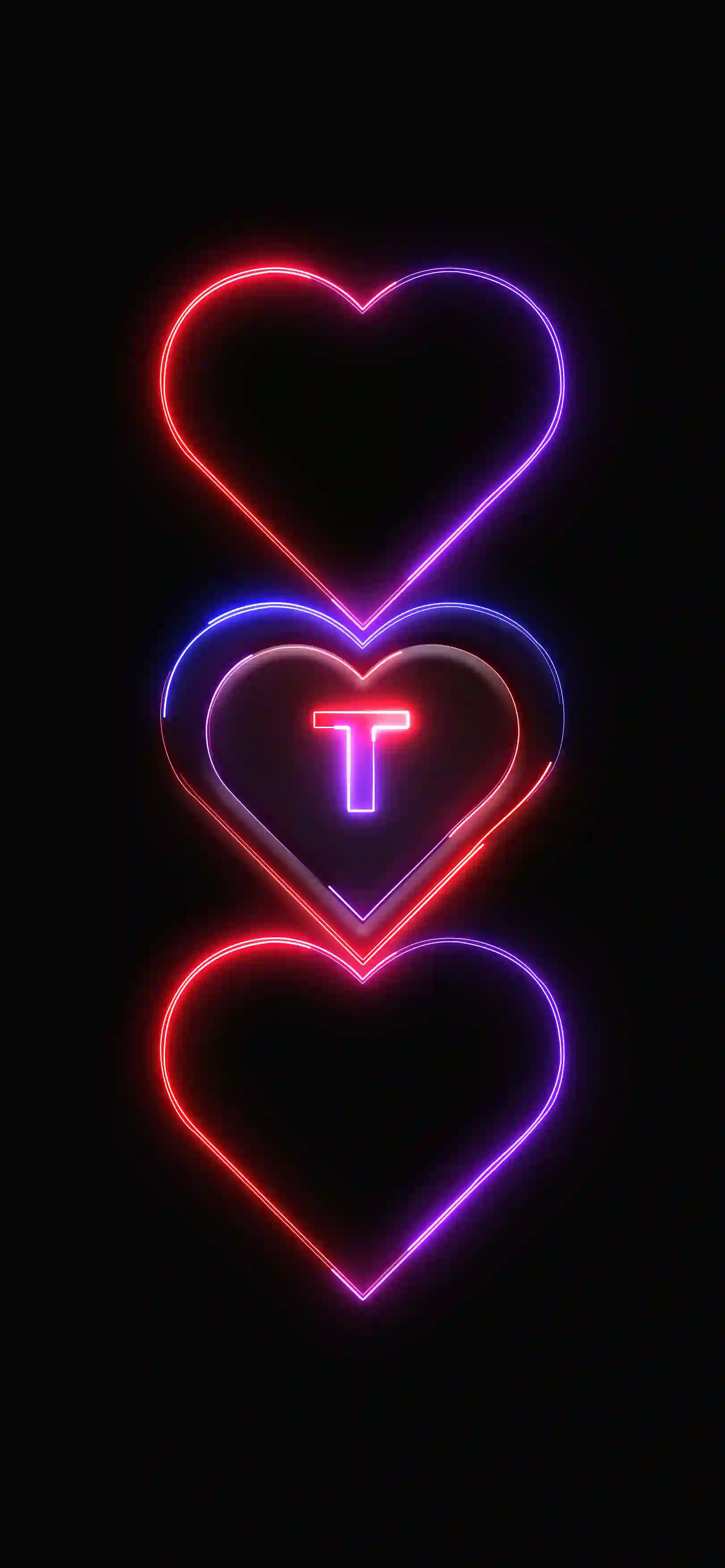 Triple neon hearts letter T 4K wallpaper pink red purple neon hearts stacked black background