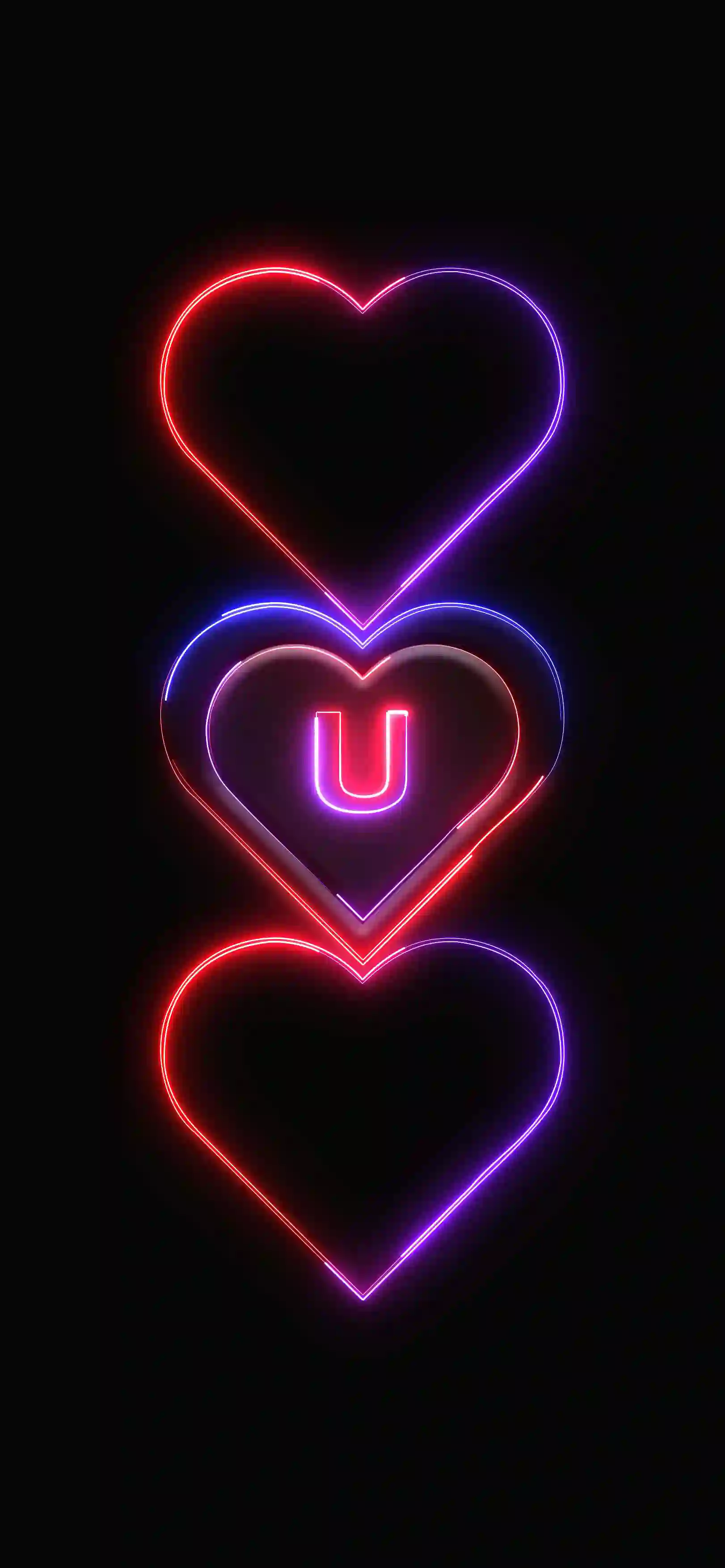 Triple neon hearts letter U 4K wallpaper pink red purple neon hearts stacked black background