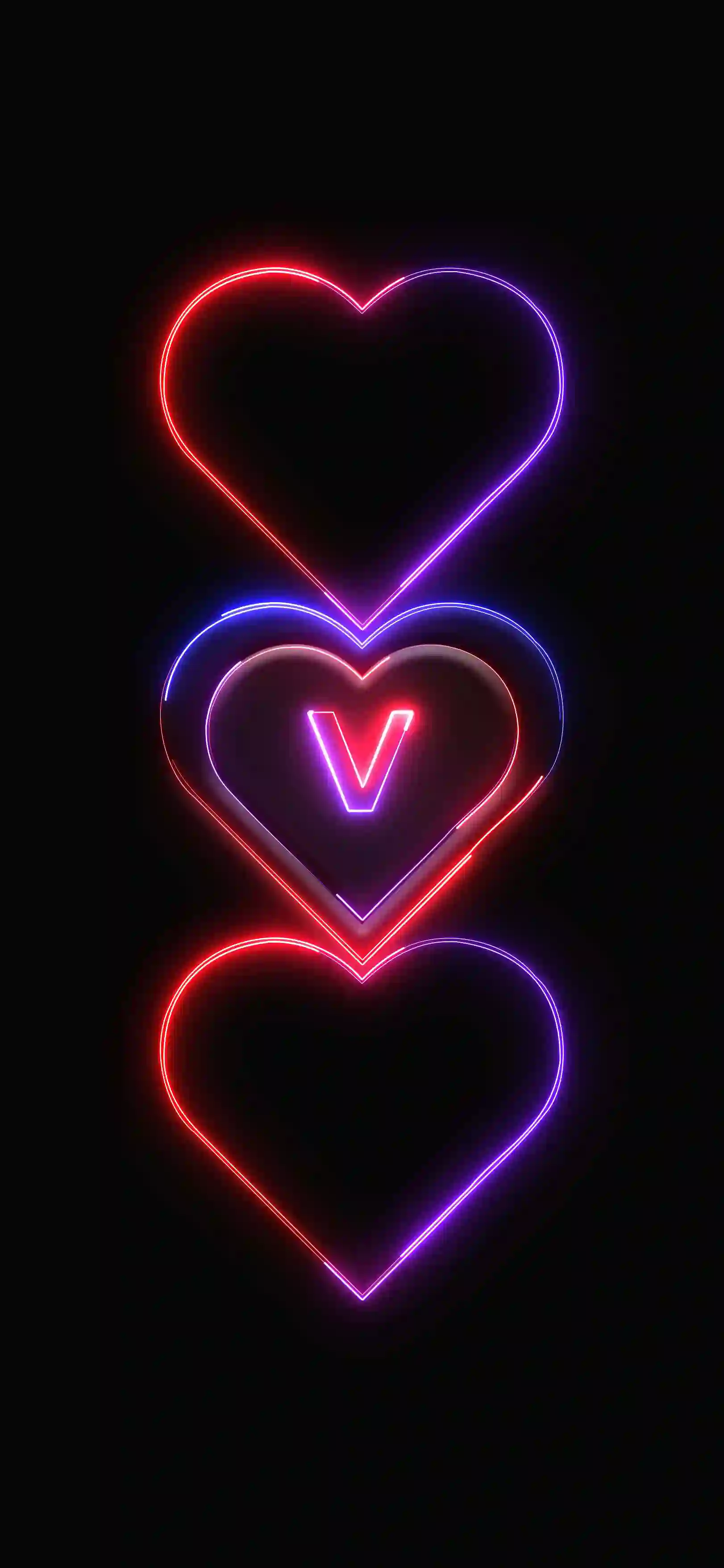Triple neon hearts letter V 4K wallpaper pink red purple neon hearts stacked black background