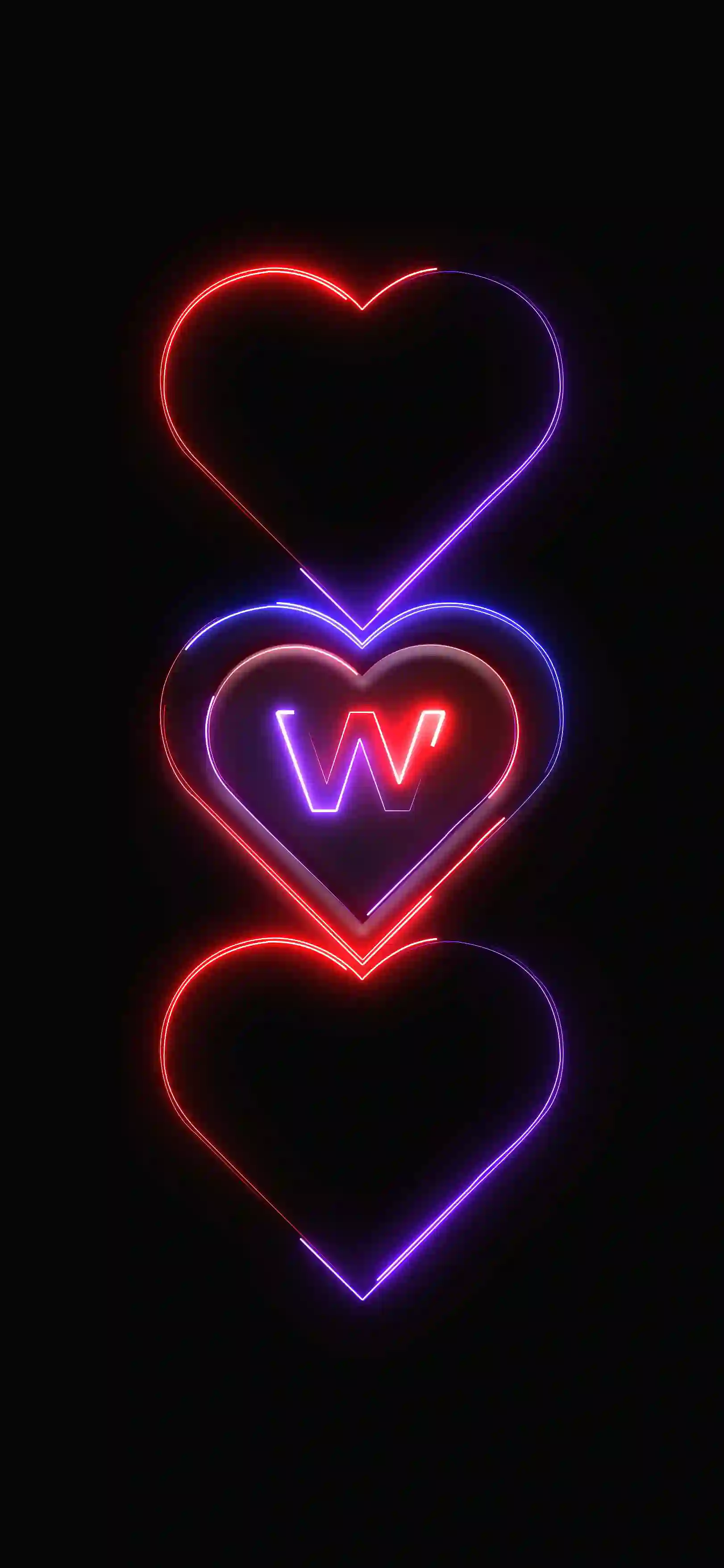 Triple neon hearts letter W 4K wallpaper pink red purple neon hearts stacked black background