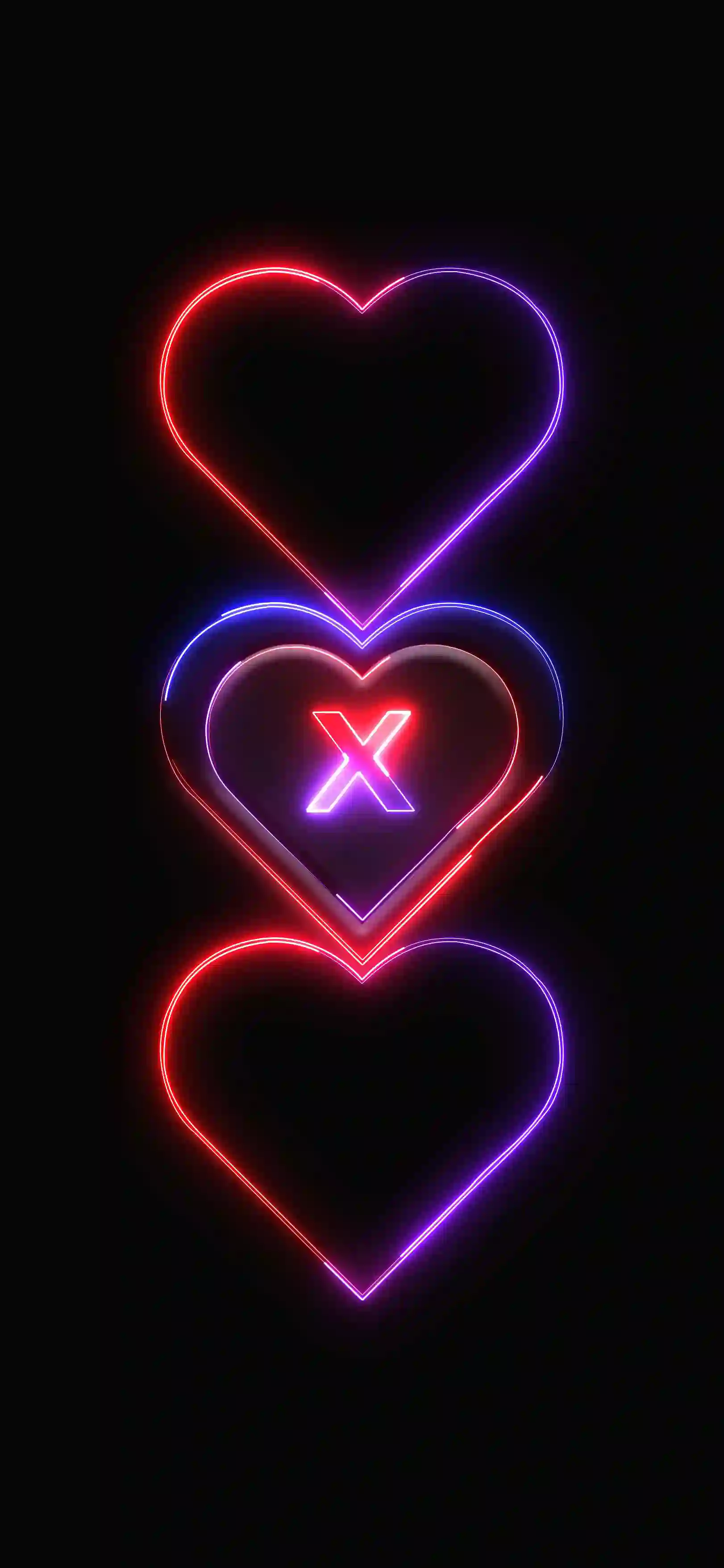 Triple neon hearts letter X 4K wallpaper pink red purple neon hearts stacked black background