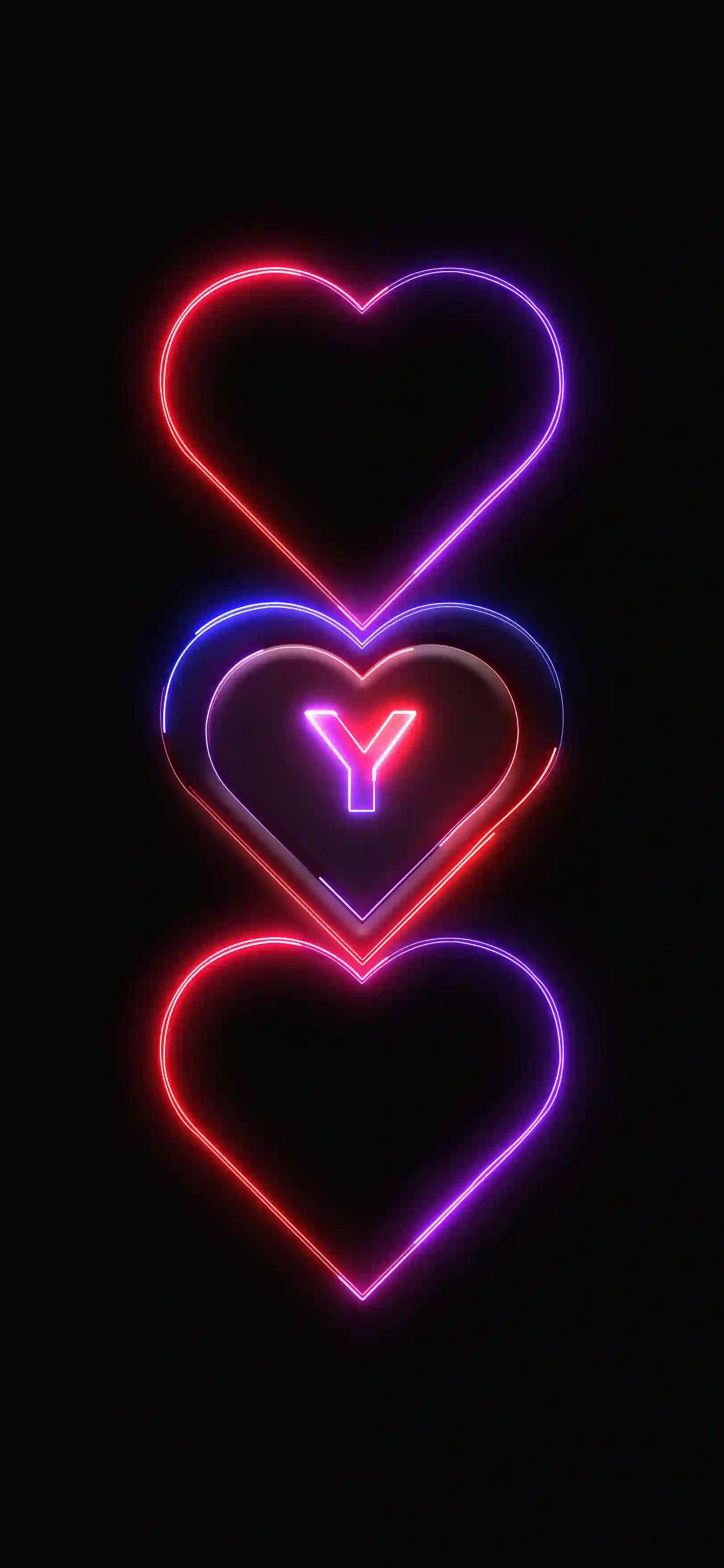 Triple neon hearts letter Y 4K wallpaper pink red purple neon hearts stacked black background
