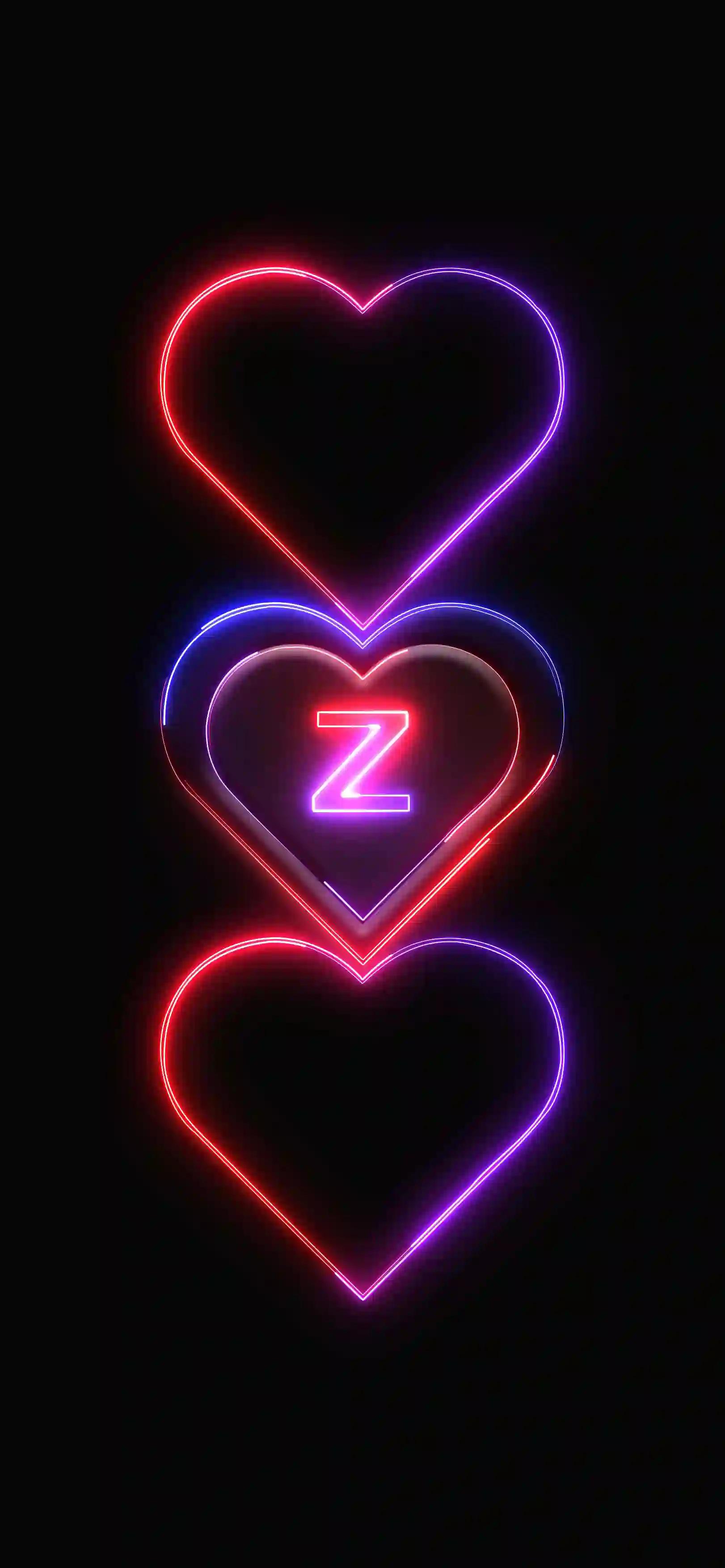 Triple neon hearts letter Z 4K wallpaper pink red purple neon hearts stacked black background
