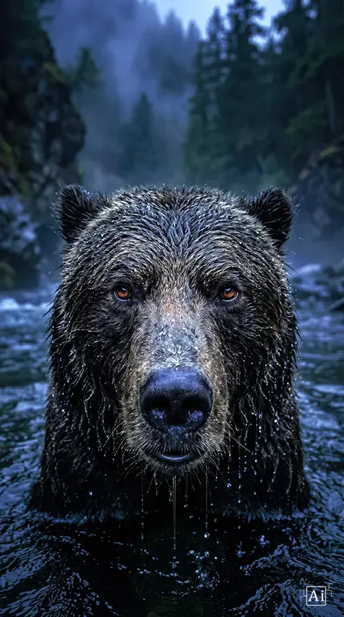 A close-up preview of the alaskan grizzly bear wallpaper highlighting the dripping wet fur and intense stare.