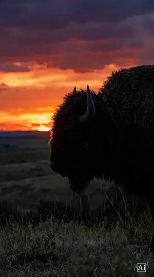 A wide display showcasing the warm tones of the american bison sunset wallpaper across the western landscape.