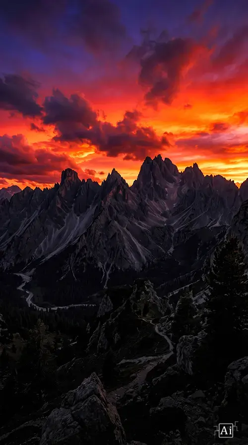 High contrast of an amoled nature wallpaper mountain sunset scene in 4K.