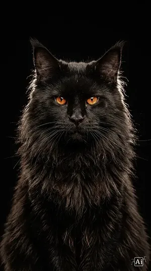 A wide display showcasing the majestic black maine coon cat wallpaper in a dark mode aesthetic.