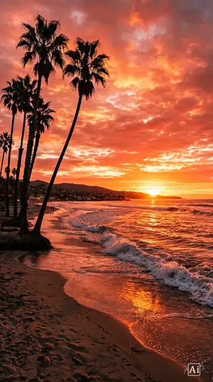 California beach sunset and orange sky 4K wallpaper.