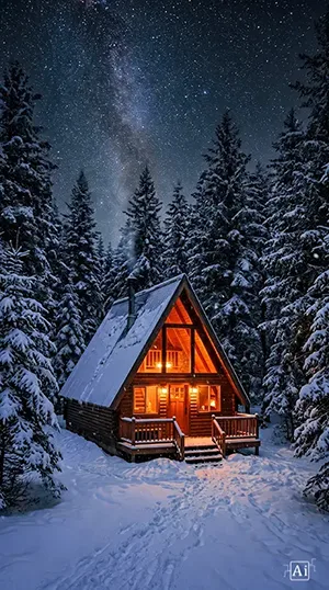A cozy cabin in the woods 4K wallpaper feature.