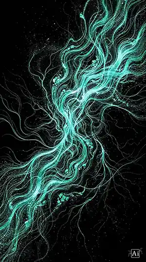 Featured image of a dark luxury abstract background with cosmic mint neon light trails for phone lockscreen