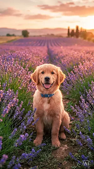 A wide display showcasing the vibrant golden retriever puppy wallpaper surrounded by spring flowers.