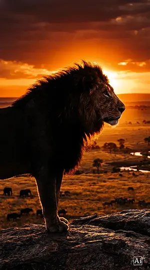 A wide display showcasing the powerful majestic african lion wallpaper set against a golden savanna horizon.