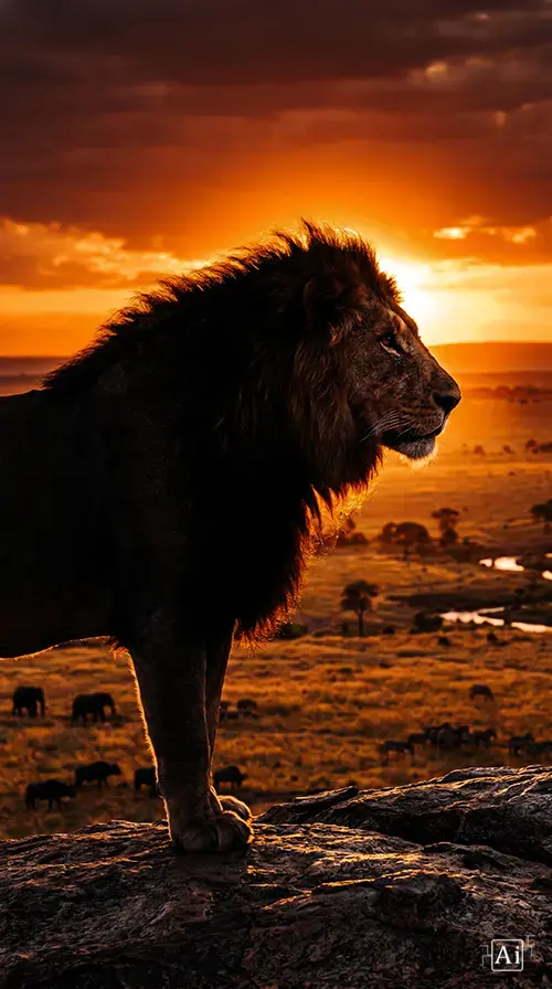 A close-up preview of the majestic african lion wallpaper highlighting the thick mane bathed in warm sunset light.