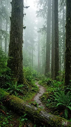 Misty pacific northwest forest 4K wallpaper.