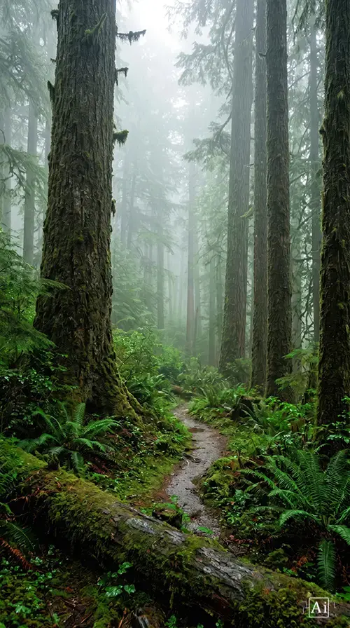 The misty pacific northwest forest 4K wallpaper.