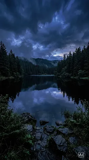 Moody nature 4K wallpaper with dark water.