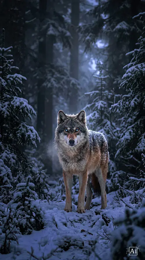 A close-up preview of the mystic blue eyed wolf wallpaper highlighting the glowing blue eyes in the snow.