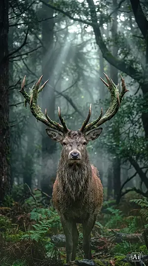 A wide display showcasing the atmospheric rustic forest stag wallpaper within a moody cottagecore forest.