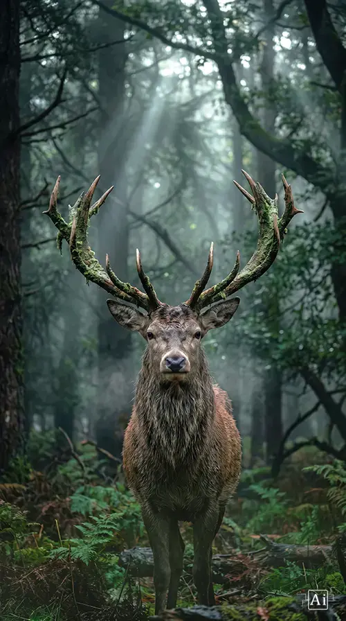 A close-up preview of the rustic forest stag wallpaper highlighting the intricate moss-covered antlers in the mist.