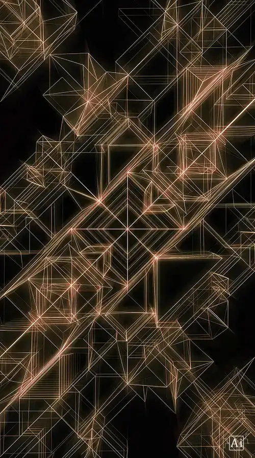 Thumbnail displaying an abstract golden architectural wireframe design on an intense dark backdrop