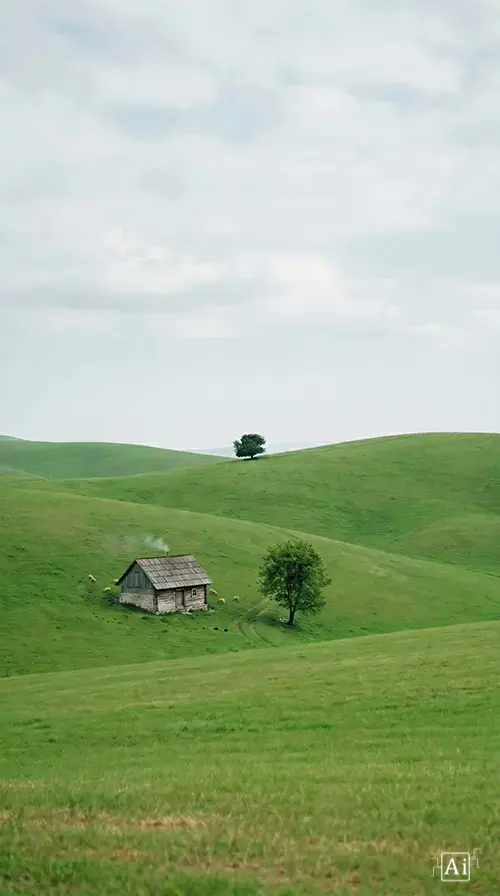 Vintage cottage core 4K wallpaper with scenic grassy meadow landscape.