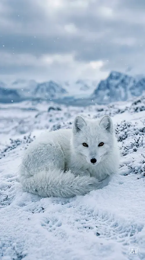 A close-up preview of the white arctic fox wallpaper highlighting the crisp white fur against the winter snow.