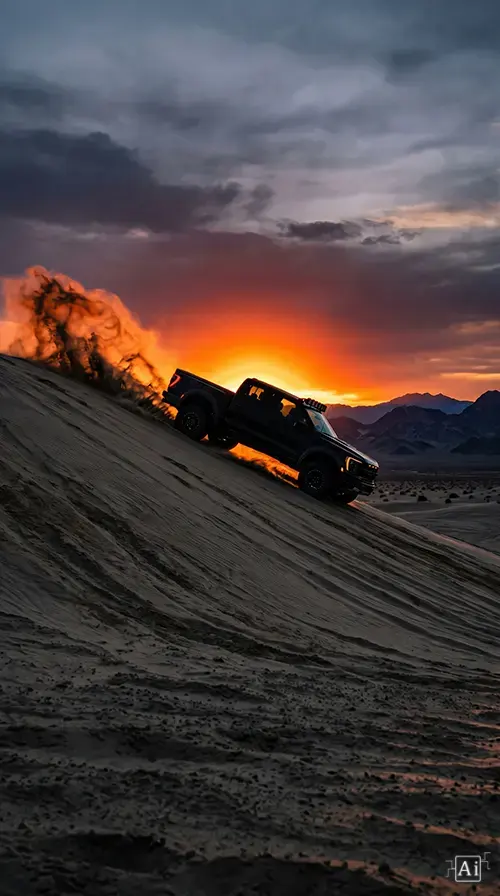 Ford raptor truck in the deseret sunset time.