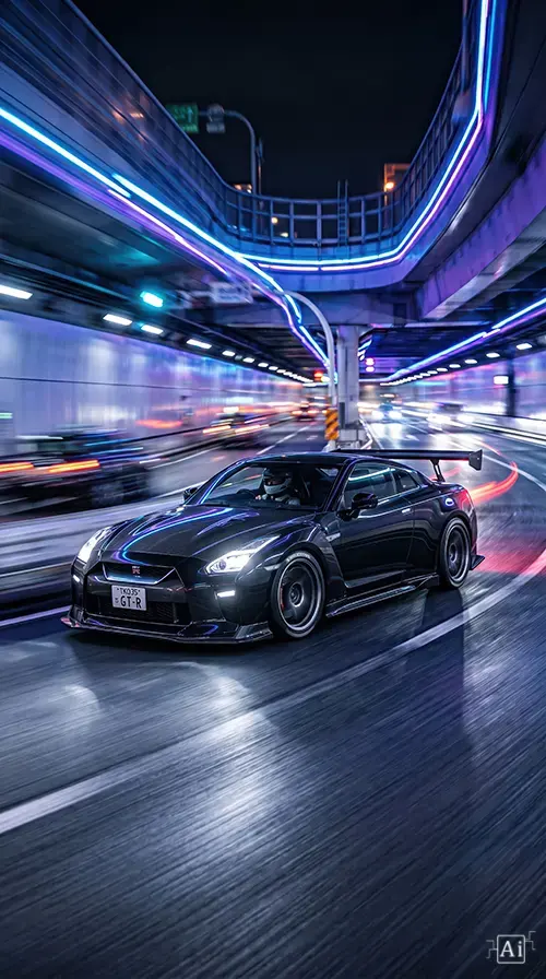 A classic car in the neon jdm highway.