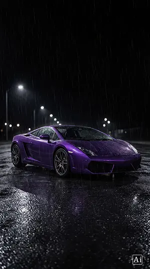 Promotional display showcasing the dark and rainy purple supercar amoled wallpaper design.