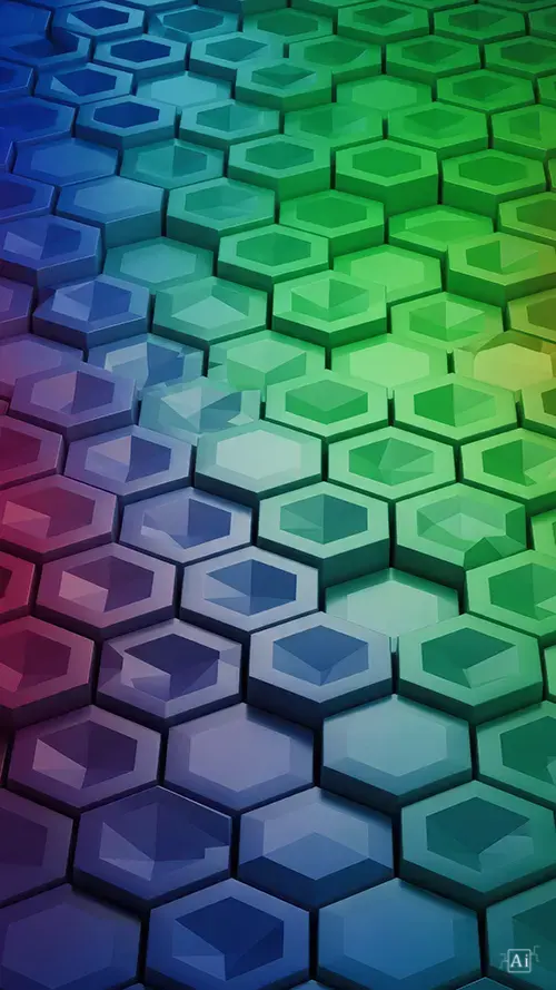 A seamless 4K 3d hexagon gradient pattern wallpaper transitioning from green to purple.