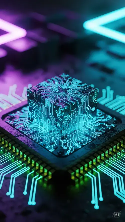 A 3d neon processor cube wallpaper featuring a glowing tech block with pink and blue circuit lighting.