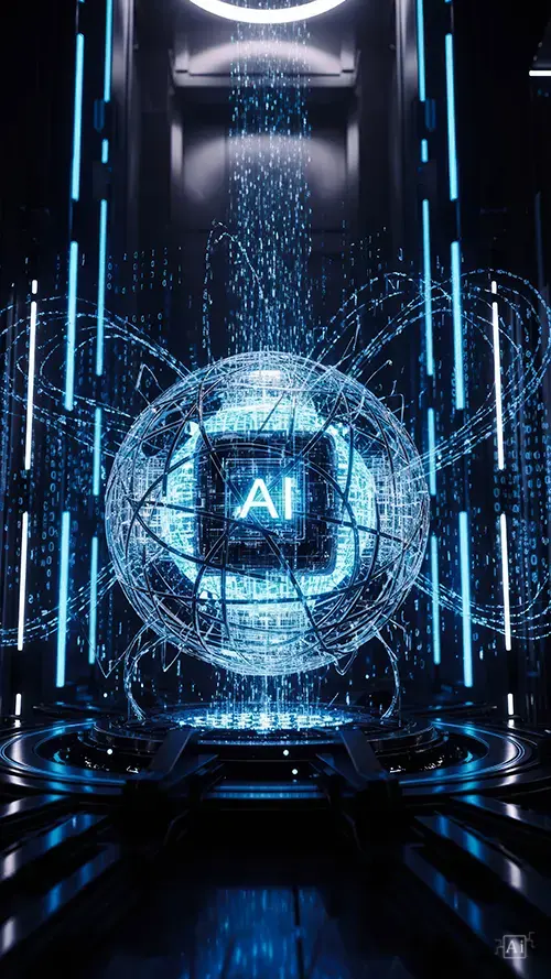 Glowing ai core server room wallpaper featuring a digital artificial intelligence sphere with blue binary data streams.