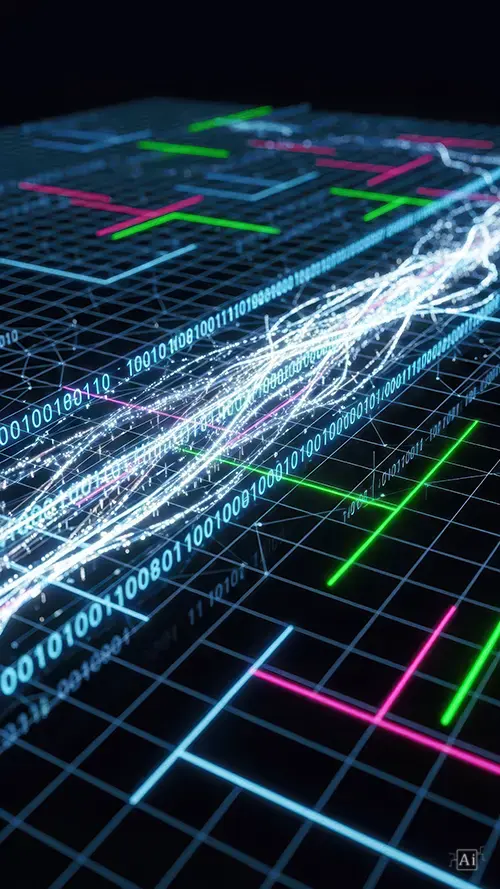 A binary data stream grid wallpaper featuring white fiber optic light streams and digital numbers floating over a black grid with neon accents.
