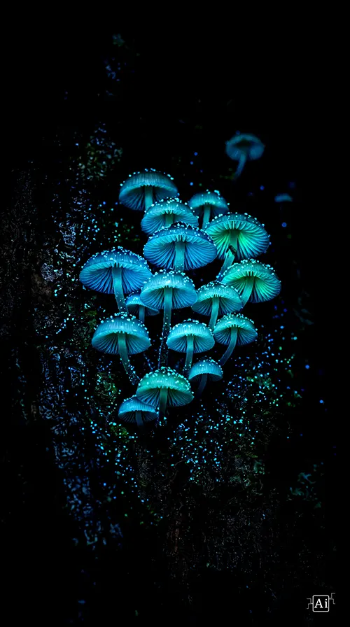 Small preview of a glowing bioluminescent fungi amoled wallpaper 4k image.